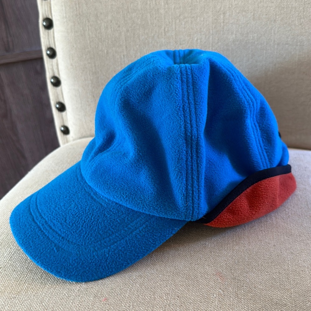 LL Bean Fleece Polartec Ear Flap Trapper Baseball Hat Blue Orange L/XL